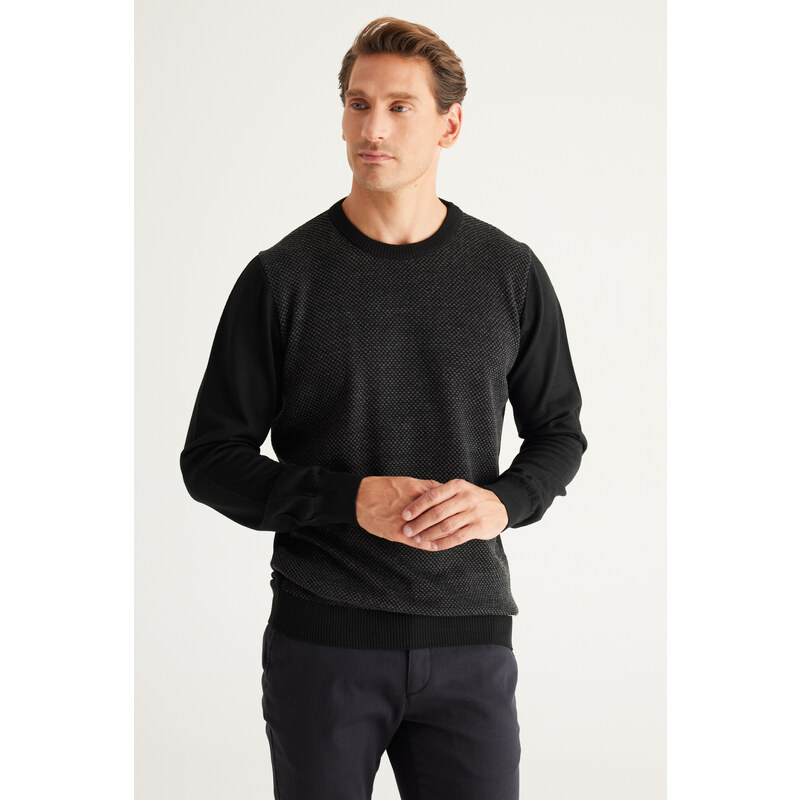 ALTINYILDIZ CLASSICS Men's Black-Anthracite Standard Fit Regular Fit Crew Neck Jacquard Knitwear Sweater