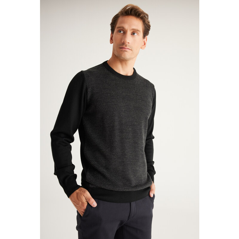 ALTINYILDIZ CLASSICS Men's Black-Anthracite Standard Fit Regular Fit Crew Neck Jacquard Knitwear Sweater