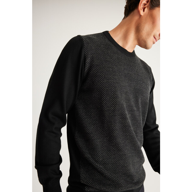 ALTINYILDIZ CLASSICS Men's Black-Anthracite Standard Fit Regular Fit Crew Neck Jacquard Knitwear Sweater