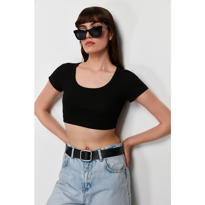 Trendyol Black Pool Neck Short Sleeve Ribbed Flexible Knitted Blouse