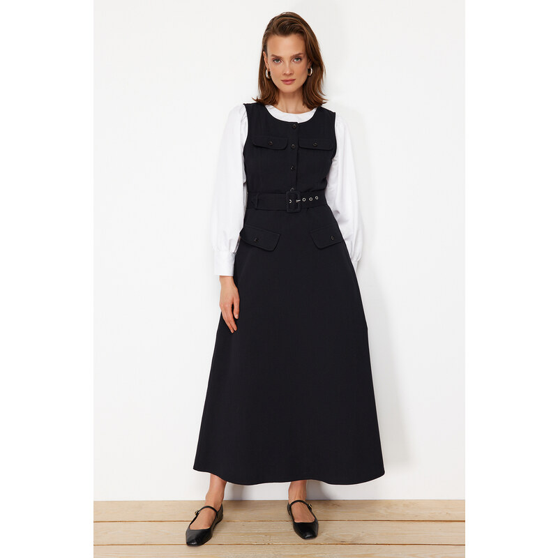 Trendyol Black Gabardine Sash Detailed Sleeveless Woven Gilet