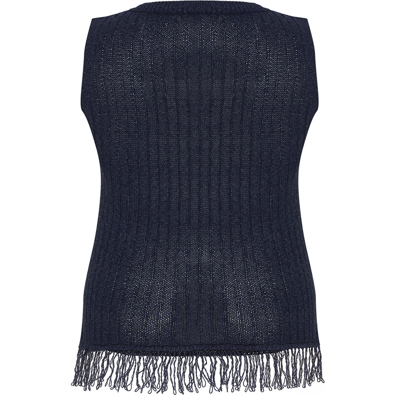 Trendyol Curve Navy Blue Openwork/Perforated Tasseled Knitwear Blouse