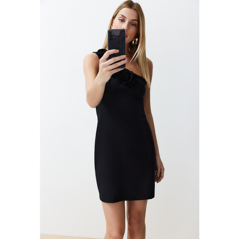 Trendyol Black A-line One Shoulder Rose Detailed Mini Woven