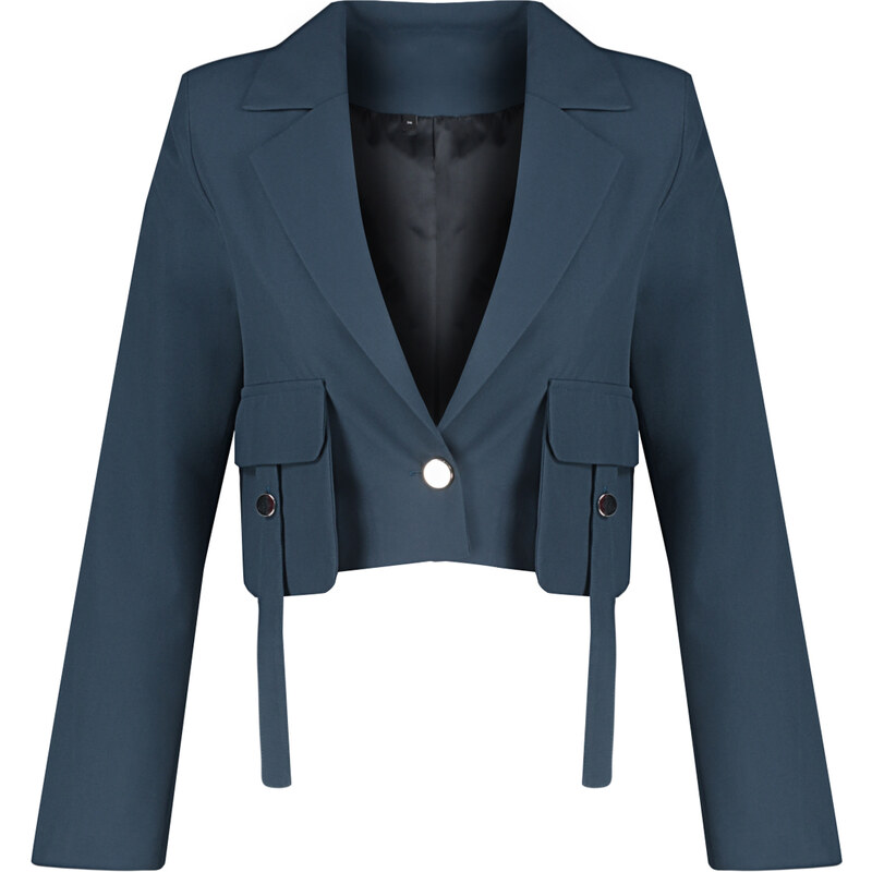 Trendyol Navy Blue Pocket Detailed Crop Woven Blazer Jacket