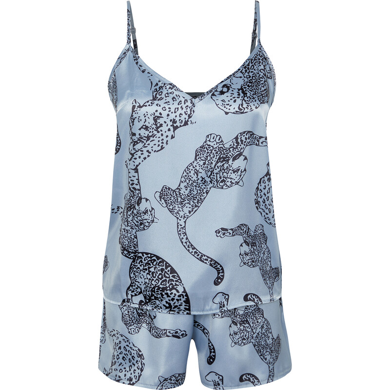 Trendyol Blue Animal Patterned Satin Woven Pajamas Set