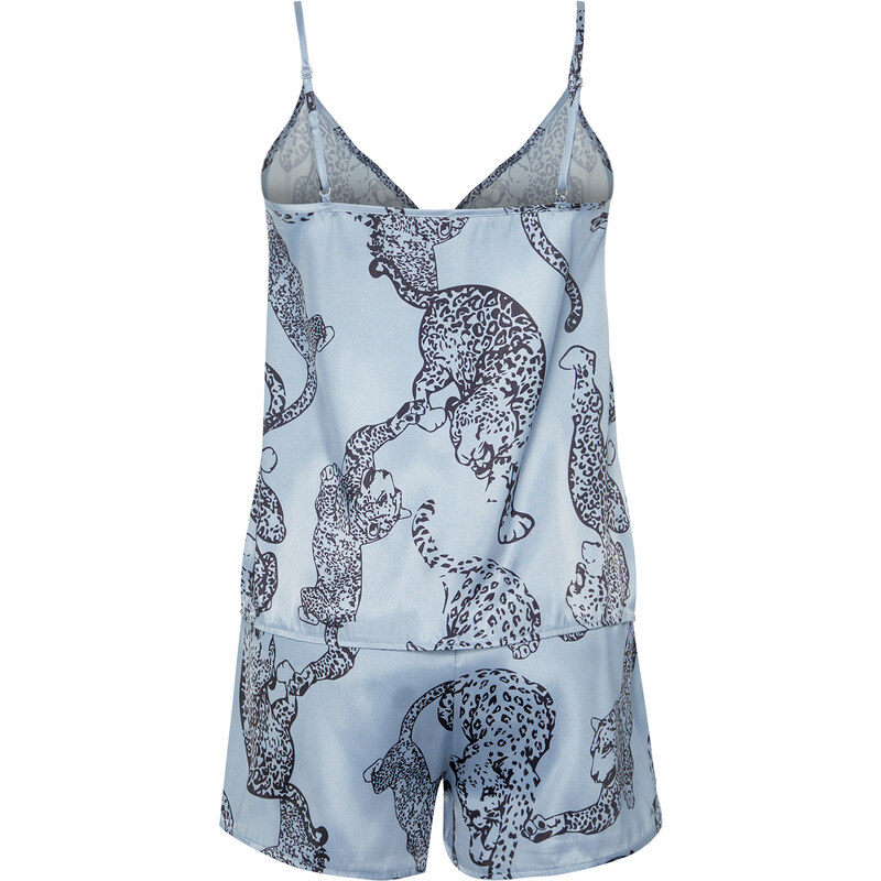 Trendyol Blue Animal Patterned Satin Woven Pajamas Set