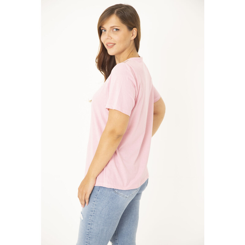 Şans Women's Plus Size Pink Cotton Fabric Lace Detail Blouse