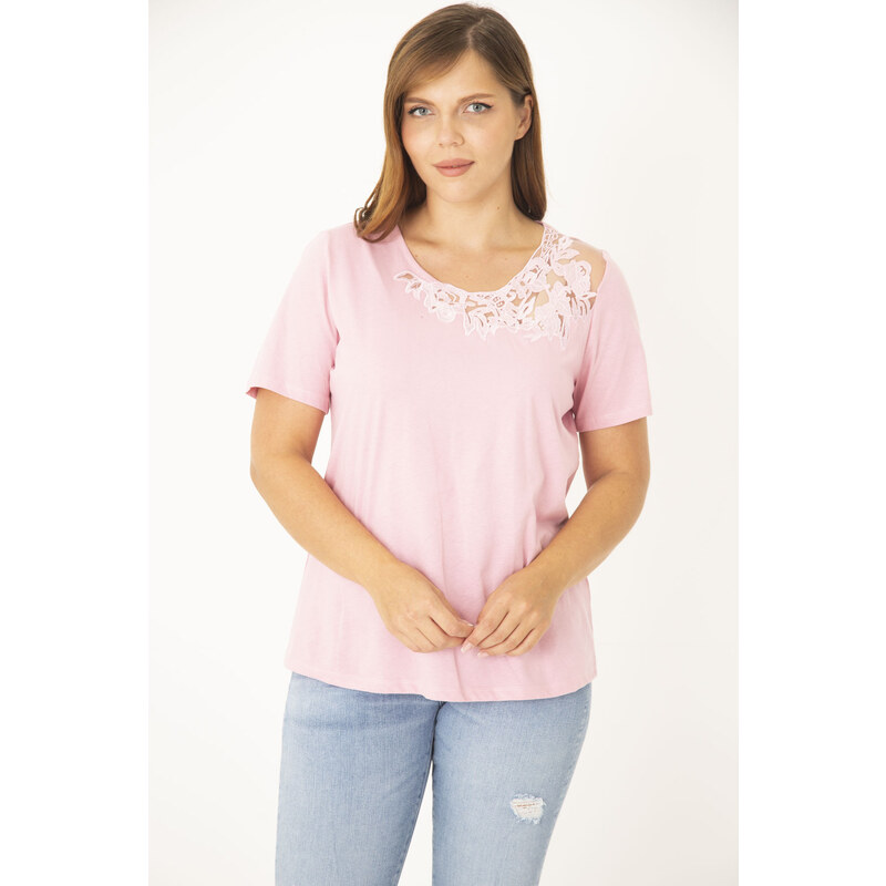 Şans Women's Plus Size Pink Cotton Fabric Lace Detail Blouse