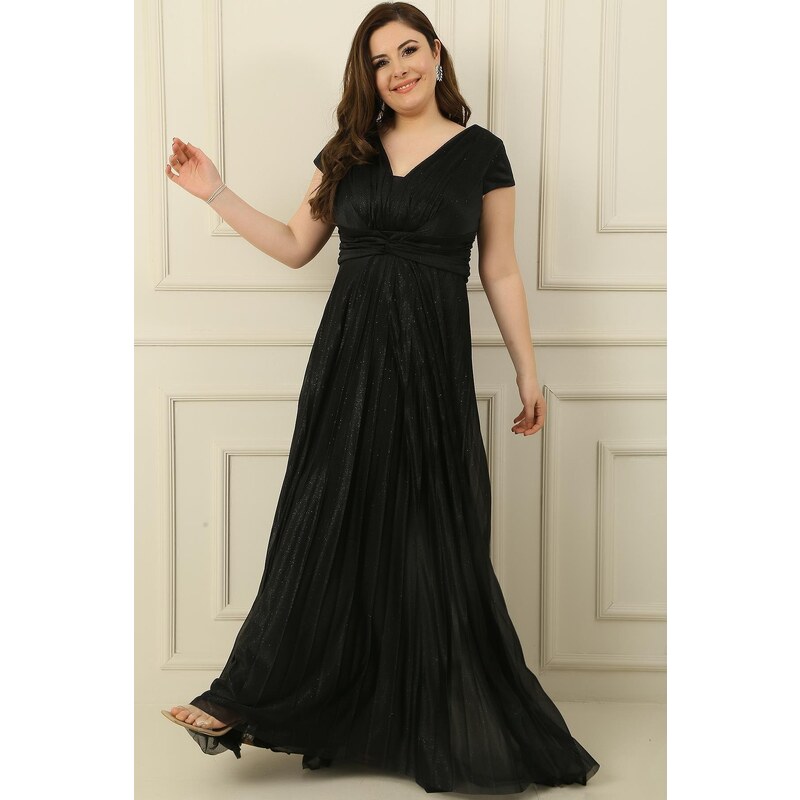 By Saygı V-Neck Waist And Front Draped Lined Pleated Silvery