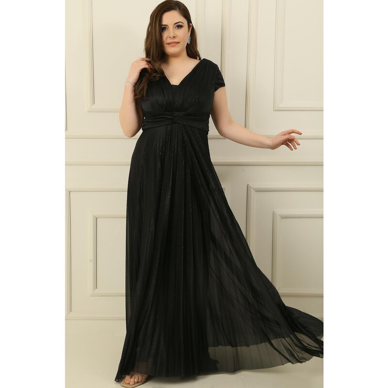 By Saygı V-Neck Waist And Front Draped Lined Pleated Silvery Long Crepe Dress