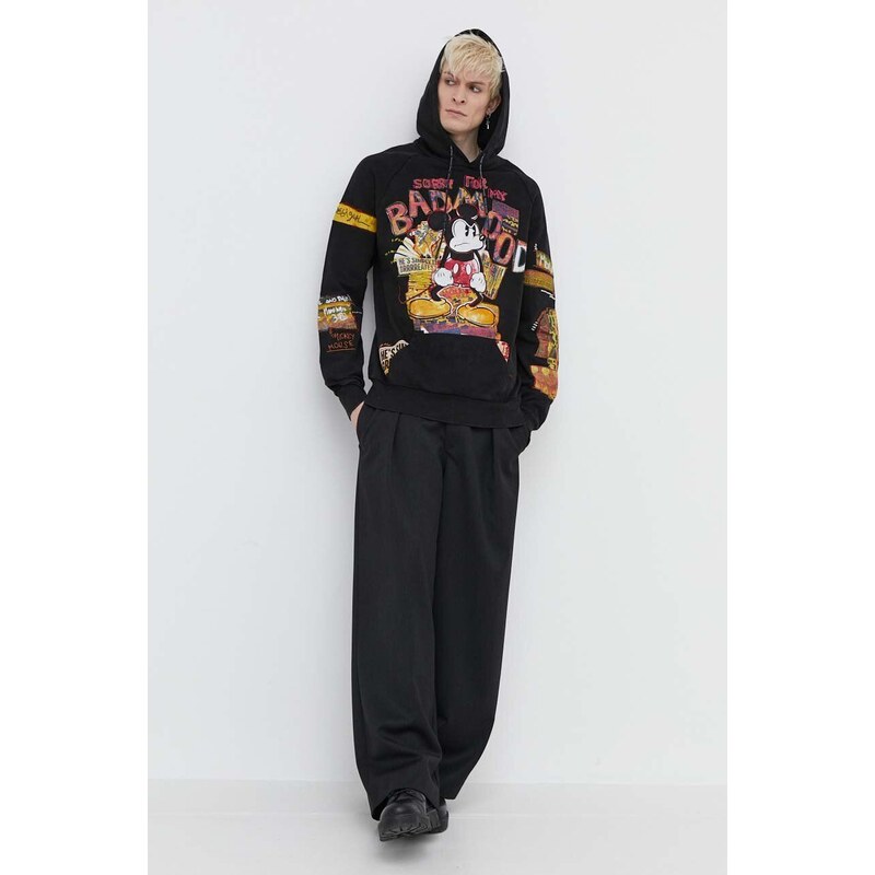 Bavlněná mikina Desigual MICKEY BAD MOOD pánská, černá barva, s kapucí, s potiskem, 24SMSK15