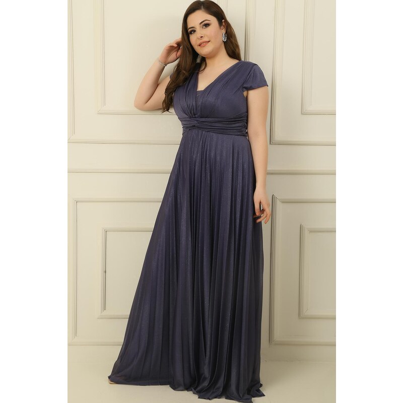 By Saygı V-Neck Waist And Front Draped Lined Pleated Silvery Long Crepe Dress