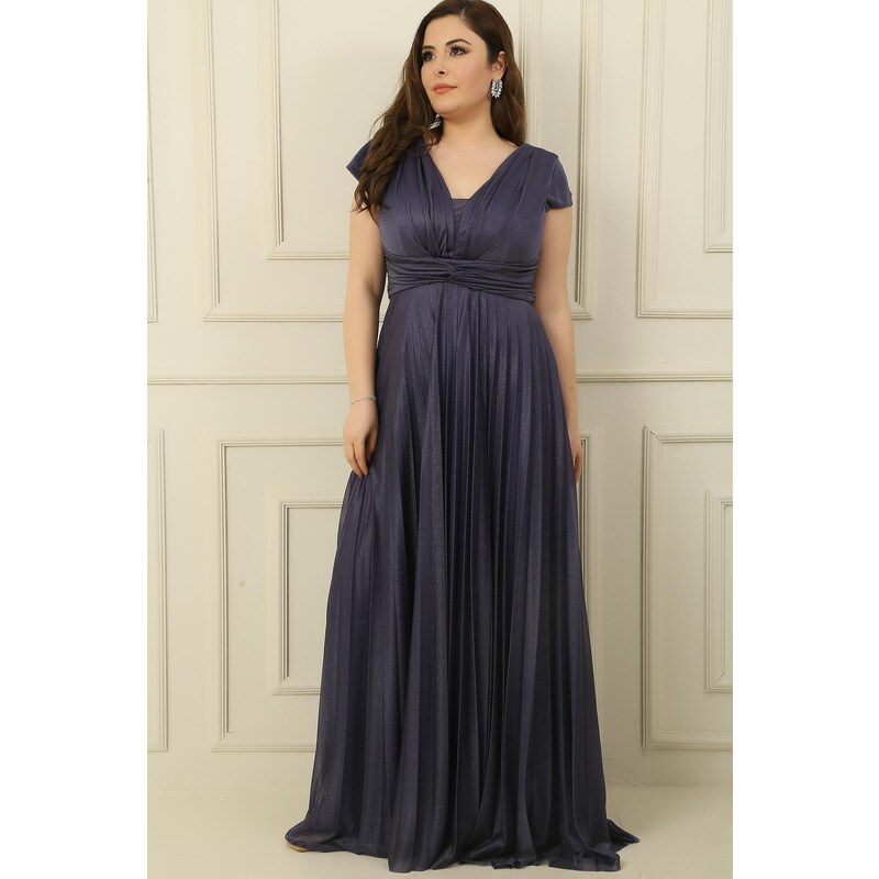 By Saygı V-Neck Waist And Front Draped Lined Pleated Silvery Long Crepe Dress