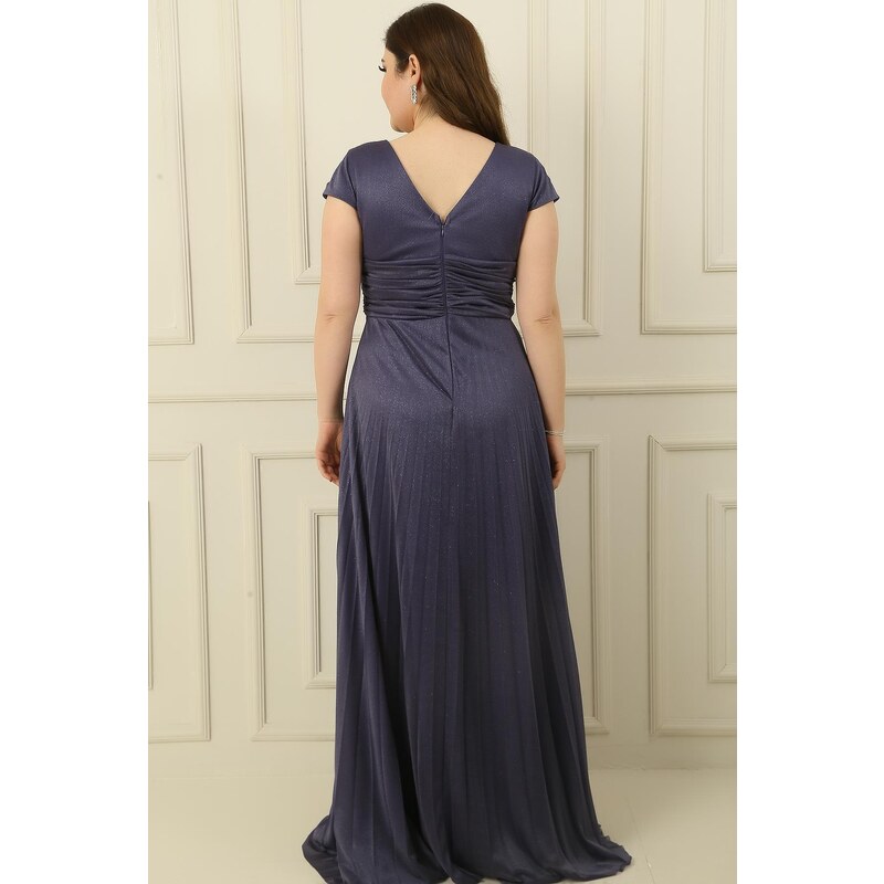 By Saygı V-Neck Waist And Front Draped Lined Pleated Silvery Long Crepe Dress