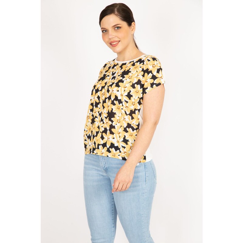 Şans Women's Yellow Plus Size Front Patterned Blouse