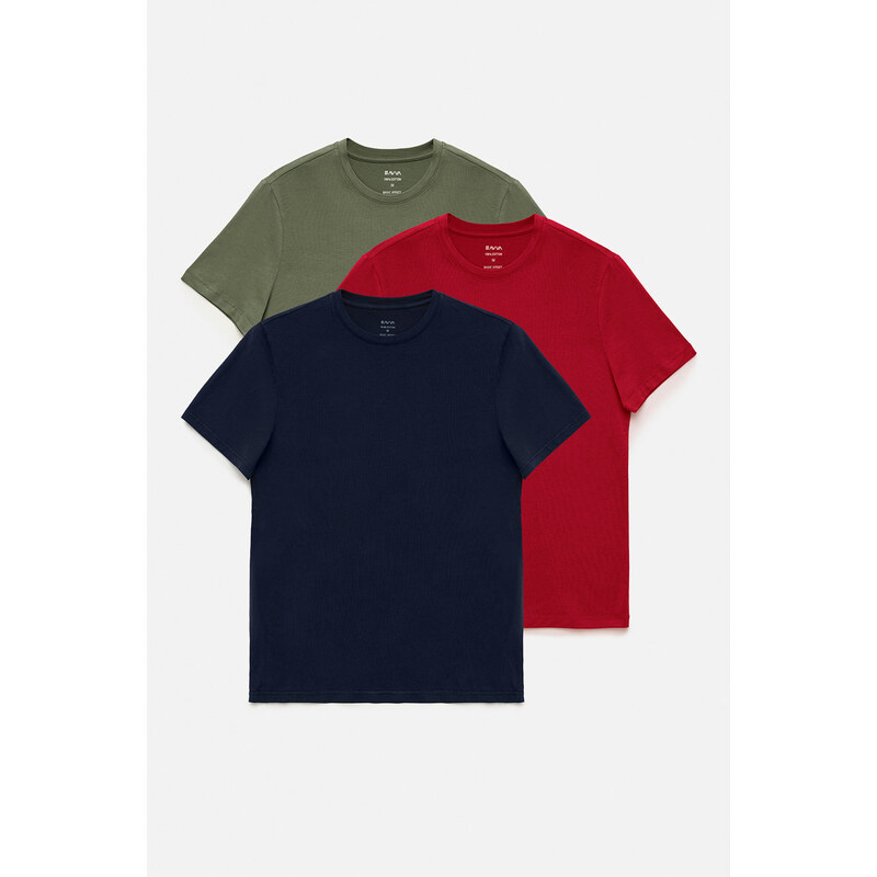 Avva Men's Khaki Burgundy Navy 3-Pack 100% Cotton Crew Neck Regular Fit T-shirt