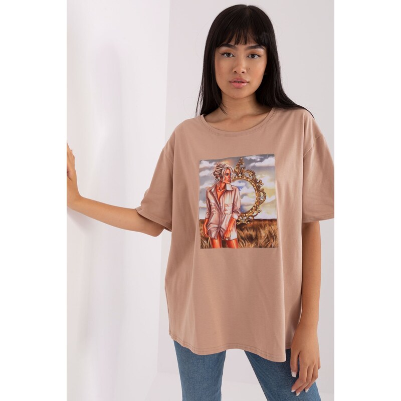 Lakerta Béžové dámské tričko oversize s potiskem