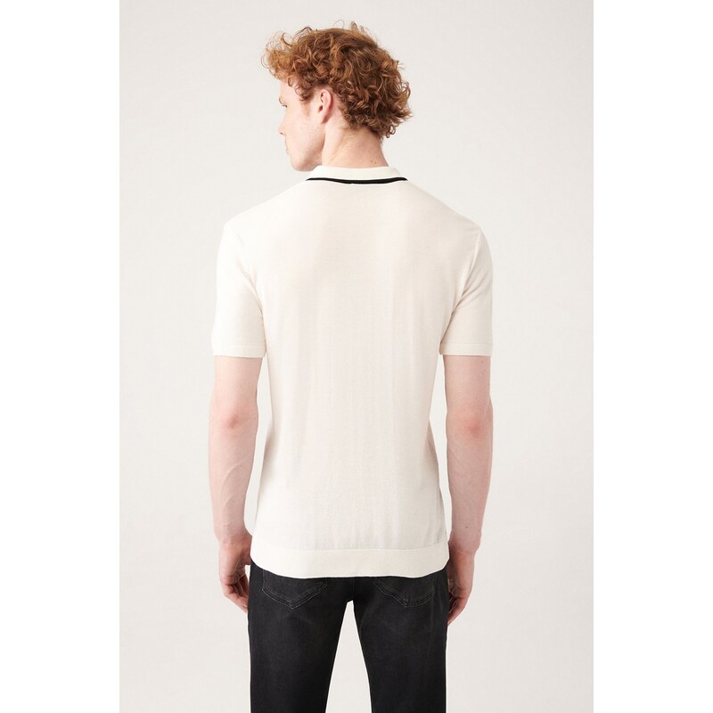Avva Men's White Unbuttoned Polo Neck Paw Stripe Detailed Ribbed Regular Fit Knitwear T-shirt