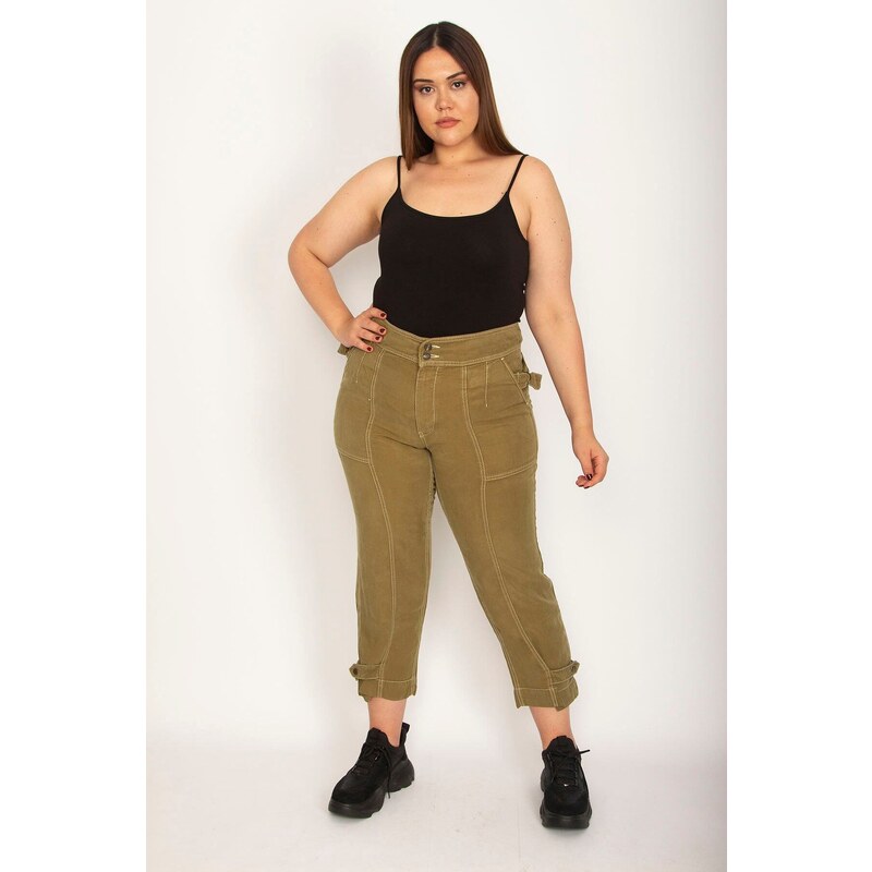 Şans Women's Plus Size Khaki Cargo Cargo Pants with Pockets Epaulettes