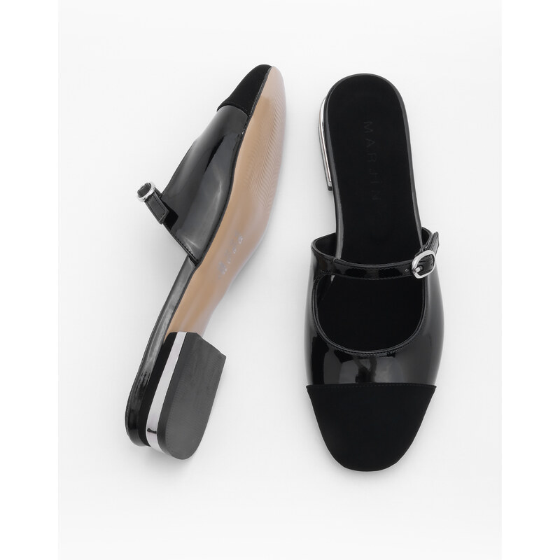 Marjin Women's Closed Front Block Heeled Slippers Mary Jane Tosya Black Patent Leather