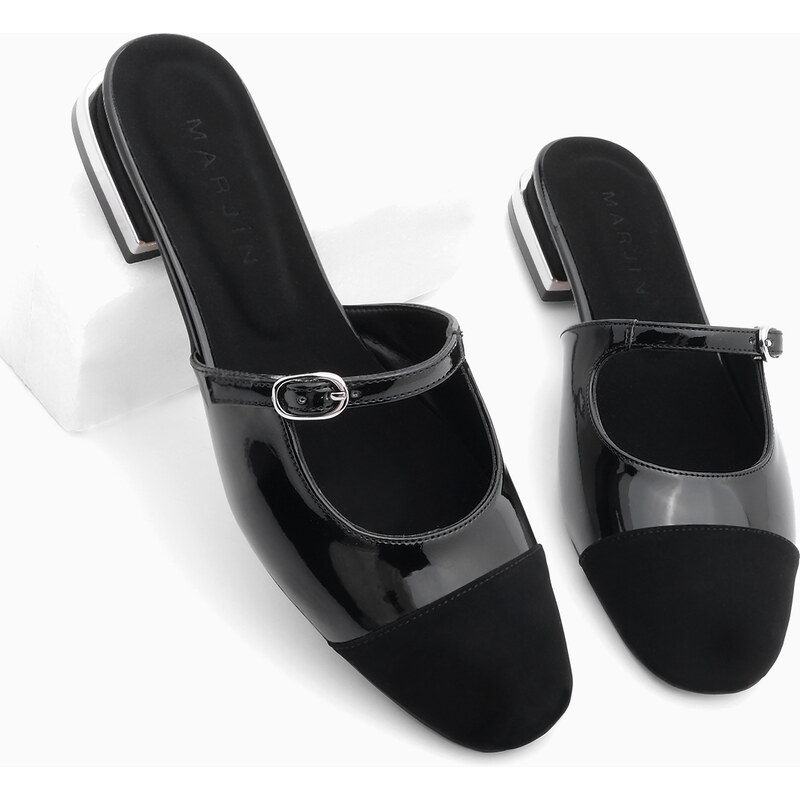 Marjin Women's Closed Front Block Heeled Slippers Mary Jane Tosya Black Patent Leather