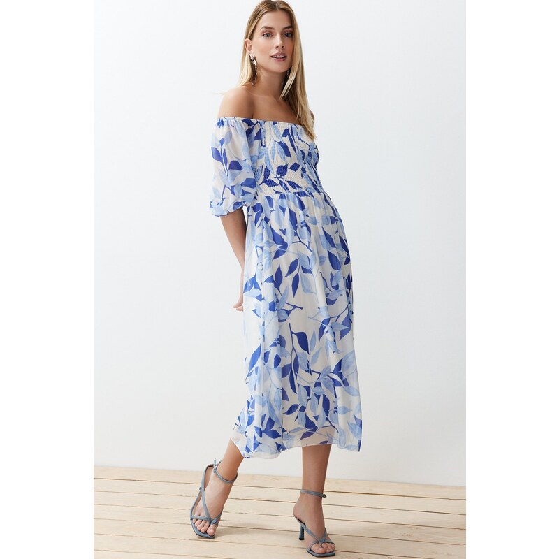 Trendyol Blue Floral Skater Chiffon Maxi Woven Dress