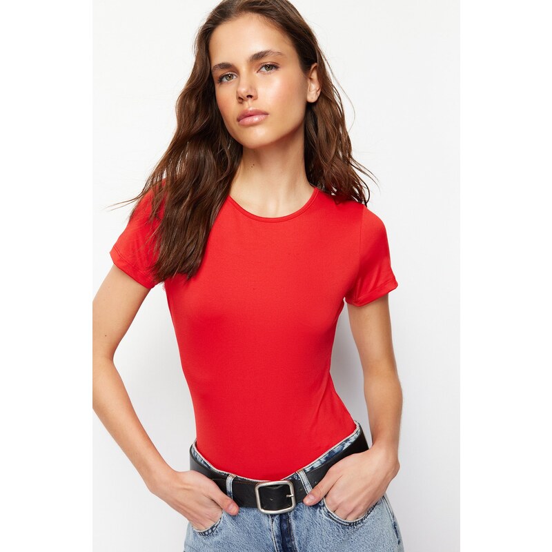 Trendyol Red Short Sleeve Elastic Snap Knitted Bodysuit