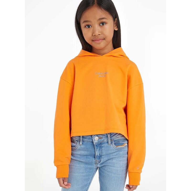 Dětská mikina Calvin Klein Jeans oranžová barva, s kapucí, s potiskem