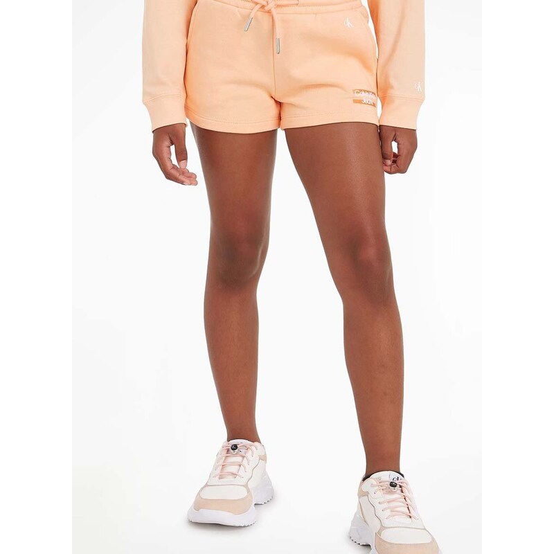 Dětské bavlněné šortky Calvin Klein Jeans oranžová barva, hladké, nastavitelný pas