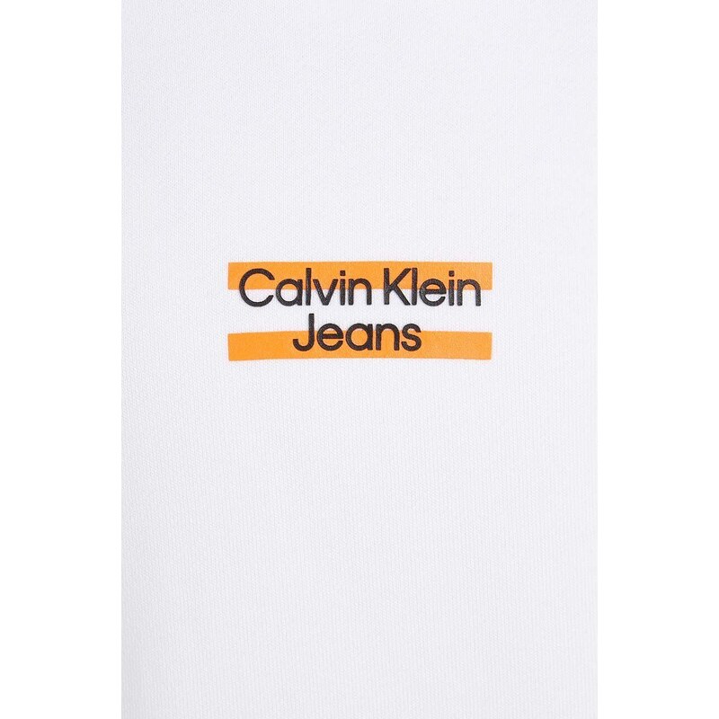 Dětská bavlněná mikina Calvin Klein Jeans bílá barva, s kapucí, s potiskem