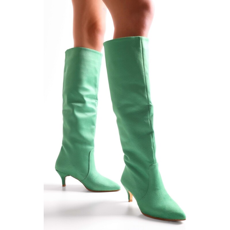 Shoeberry Women's Pia Green Suede Gathered Heel Boots Green Suede
