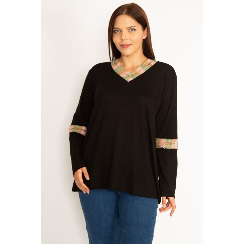 Şans Women's Plus Size Black Lace Detailed Blouse