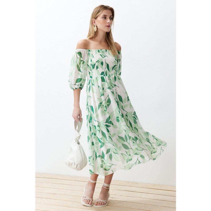 Trendyol Madonna Collar Chiffon Maxi Woven Dress with Green