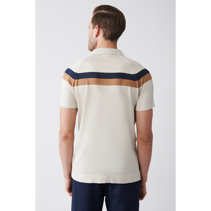 Avva Men's Beige Cuban Collar Color Block Buttoned Regular Fit Knitwear T-shirt