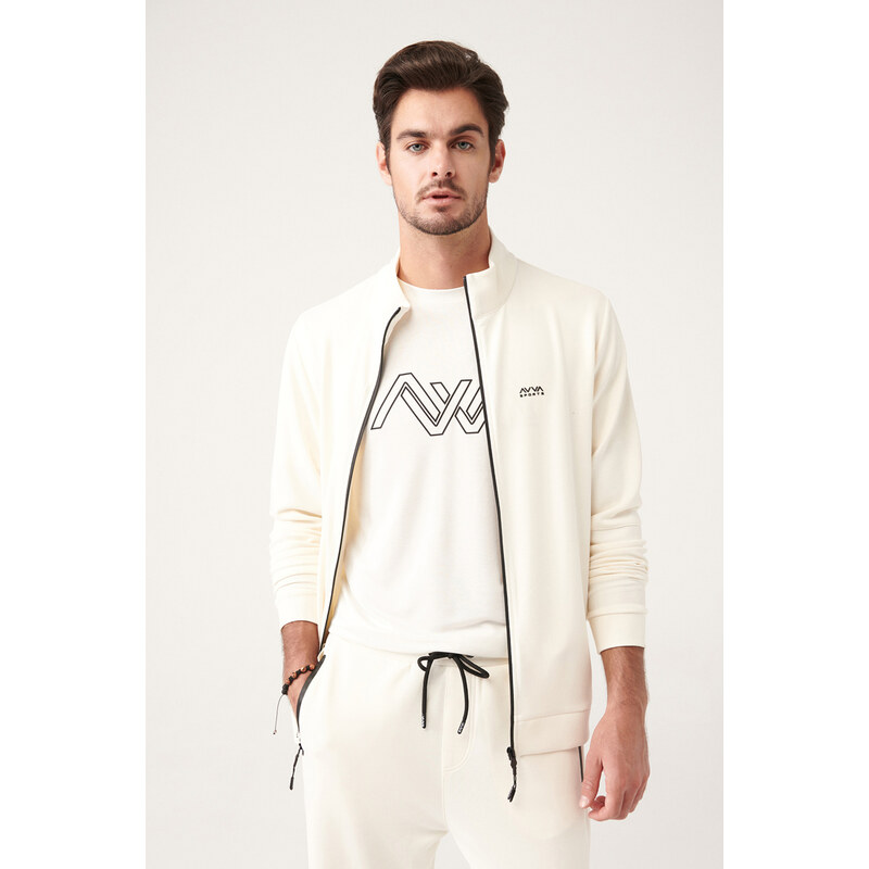 Avva Men's Ecru Soft Touch Stand-Up Collar Front Zipper Comfort Fit Sweatshirt