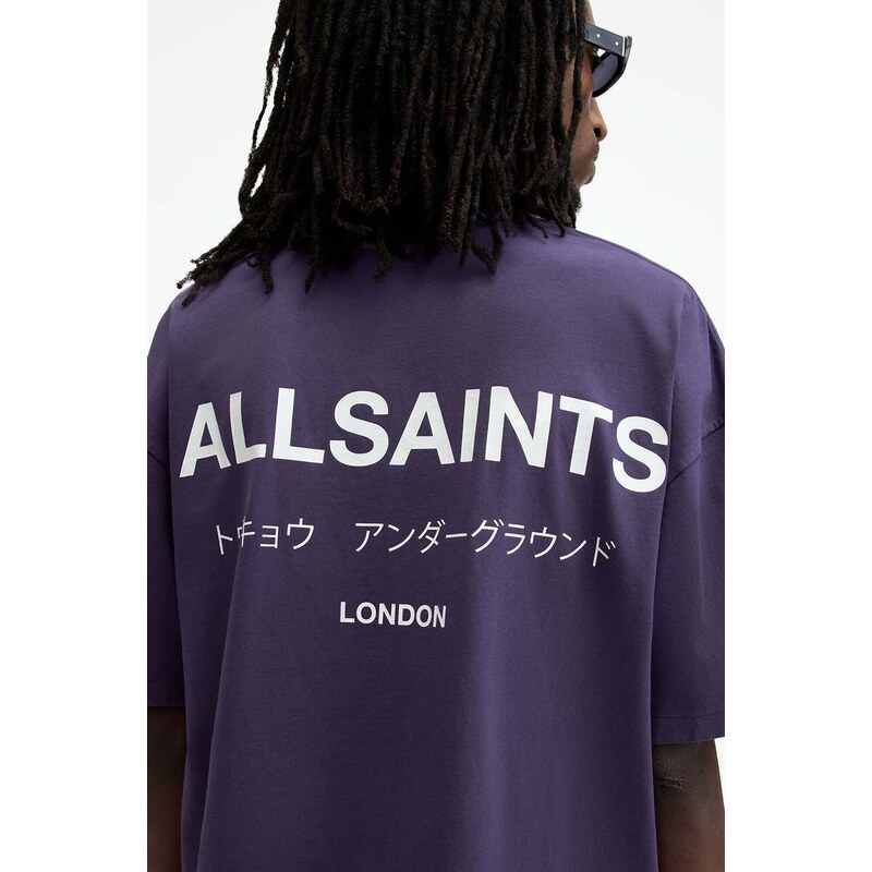 Bavlněné tričko AllSaints UNDERGROUND SS CREW fialová barva, s potiskem