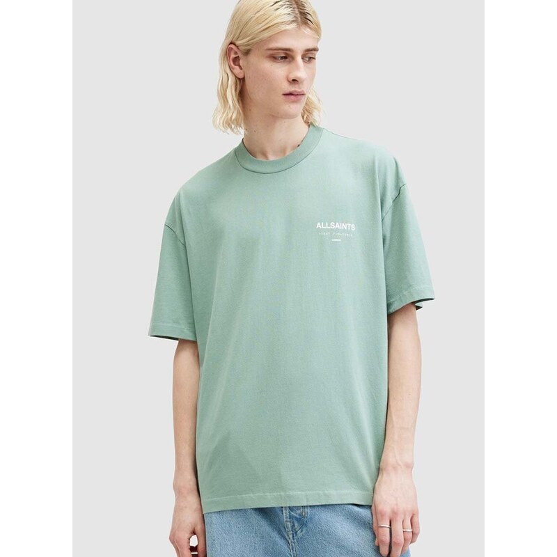 Bavlněné tričko AllSaints UNDERGROUND SS CREW zelená barva, s potiskem