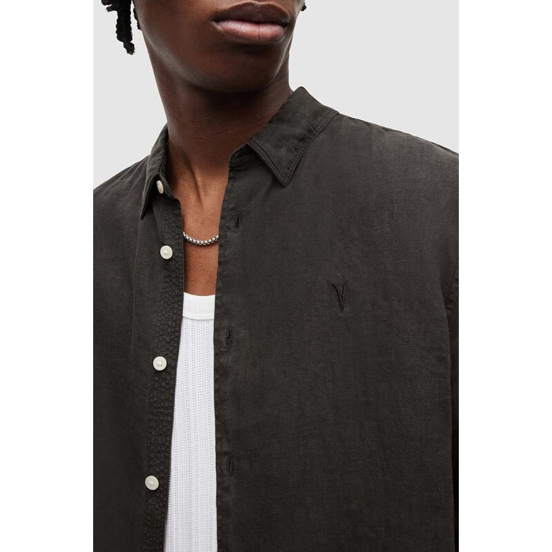Lněná košile AllSaints CYPRESS černá barva, relaxed, s klasickým límcem
