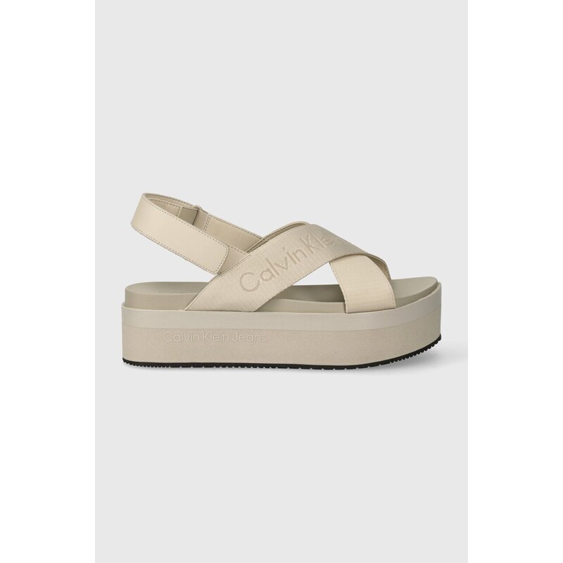 Sandály Calvin Klein Jeans FLATFORM SANDAL SLING IN MR dámské, béžová barva, na platformě, YW0YW01362