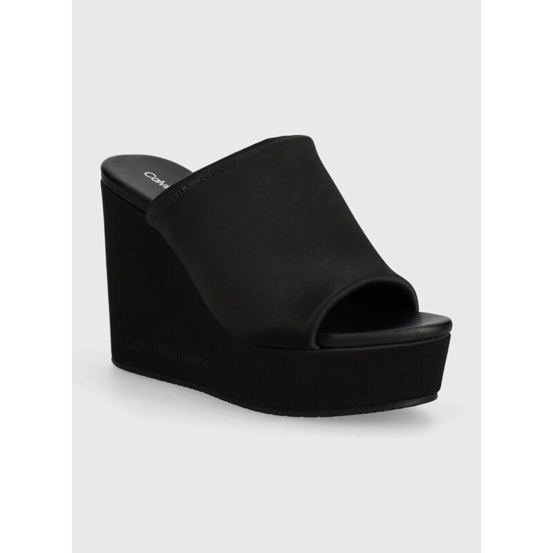 Pantofle Calvin Klein Jeans WEDGE SANDAL SAT NYL DC dámské, černá barva, na klínku, YW0YW01359