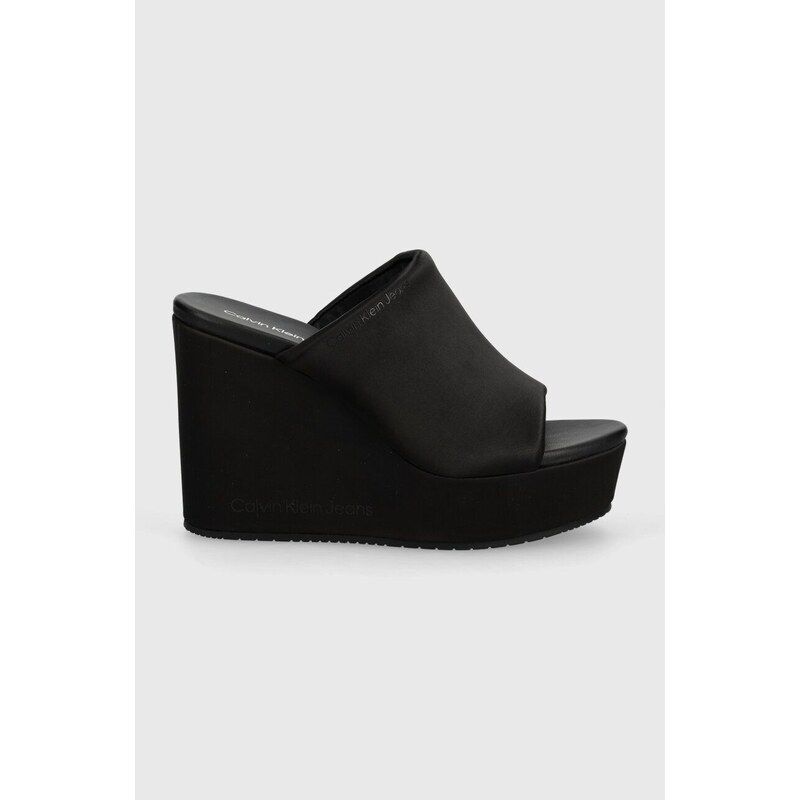 Pantofle Calvin Klein Jeans WEDGE SANDAL SAT NYL DC dámské, černá barva, na klínku, YW0YW01359