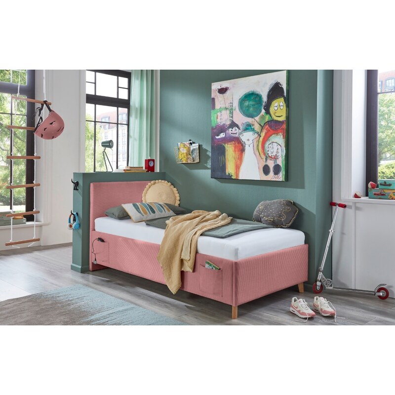 Růžová manšestrová postel Meise Möbel Cool 120 x 200 cm s úložným prostorem