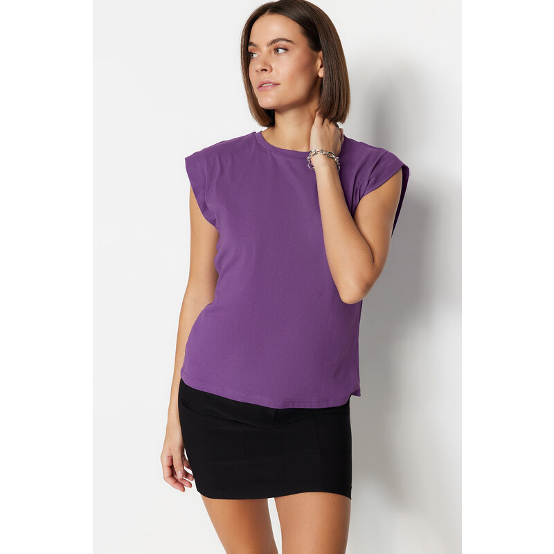 Trendyol Dark Purple 100% Cotton Padded Basic Crew Neck Knitted T-Shirt