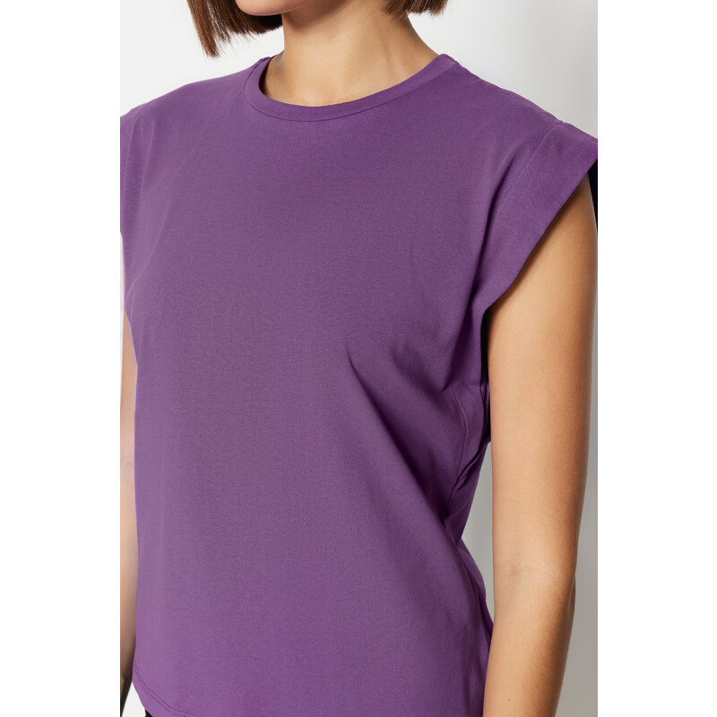 Trendyol Dark Purple 100% Cotton Padded Basic Crew Neck Knitted T-Shirt