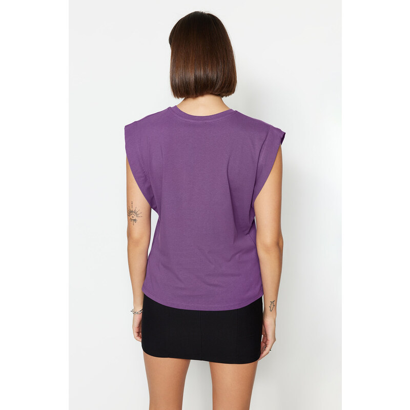 Trendyol Dark Purple 100% Cotton Padded Basic Crew Neck Knitted T-Shirt