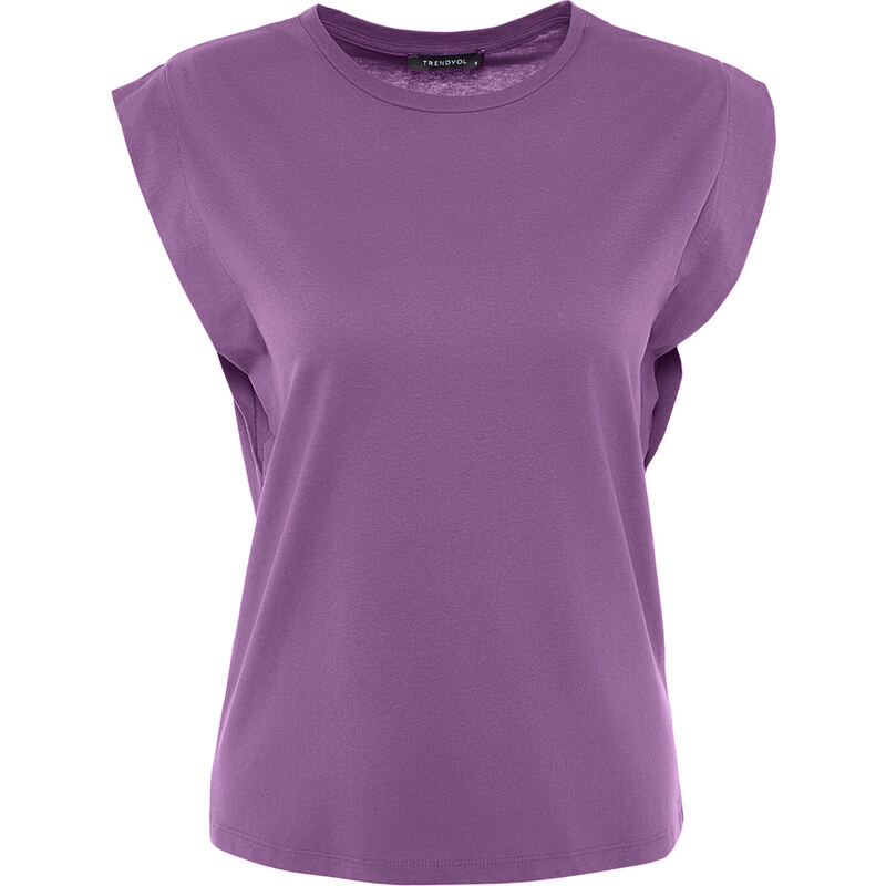 Trendyol Dark Purple 100% Cotton Padded Basic Crew Neck Knitted T-Shirt