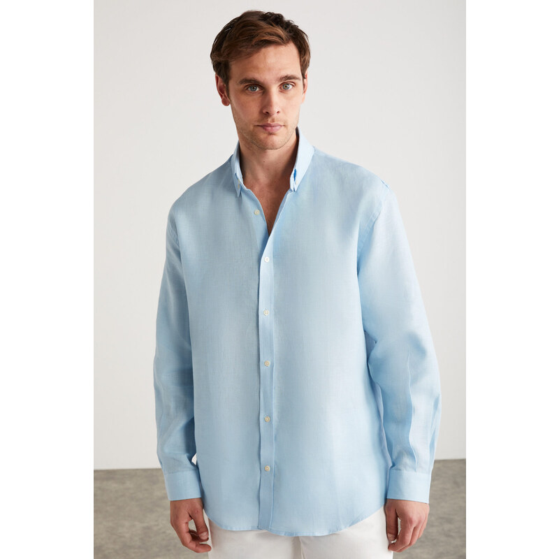 GRIMELANGE Brice Men's 100% Linen Flowy Light Blue Shirt