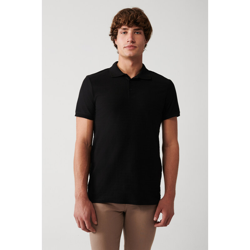 Avva Men's Black 100% Cotton Jacquard Polo Collar Standard Fit Regular Cut T-shirt