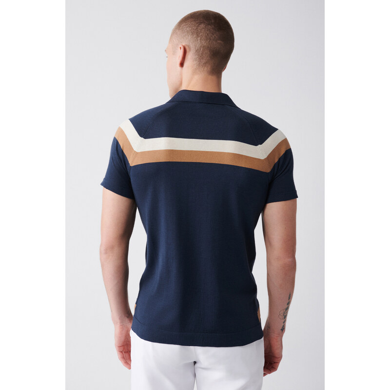 Avva Men's Navy Blue Cuban Collar Color Block Buttoned Regular Fit Knitwear T-shirt