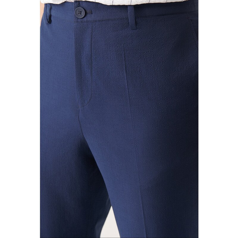 Avva Navy Blue Seersucker Textured Side Pocket Lycra Relaxed Fit Trousers